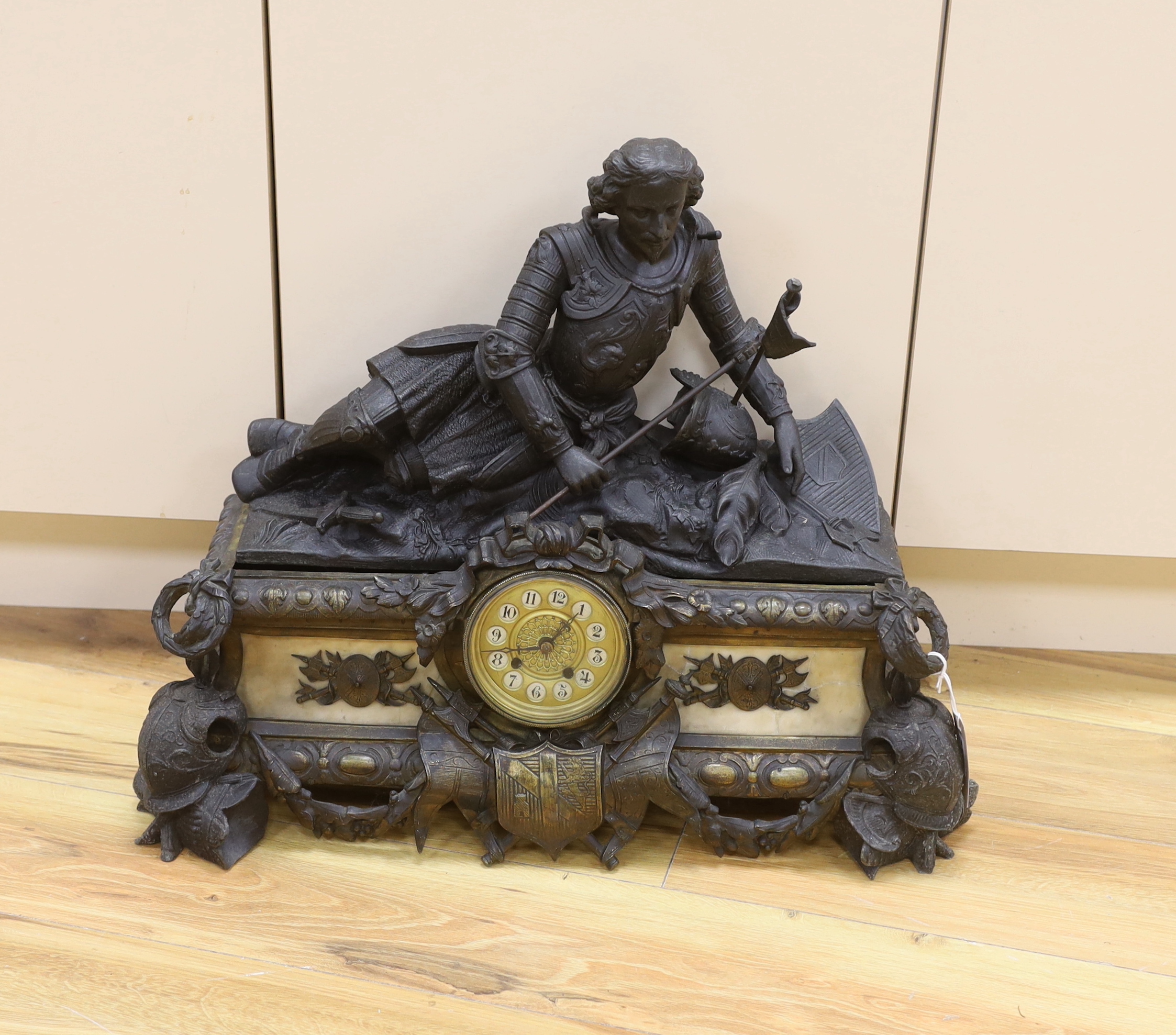 A French spelter and marble figural mantel clock, 52cm tall